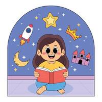 A girl reading a book in front of a starry night background vector