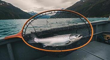A fish is sitting in a net on a boat photo