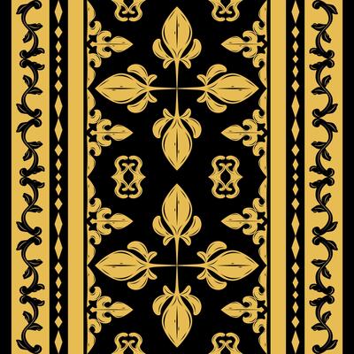 Delicate Scroll Ornament Royal Luxury Design with Gold Silk Weaves Filigree on Black Elaborate Rich Expensive Pattern. Fine Elegance Baroque for Bed Sheet Design Texture Lace Embroidery Opulence Motif