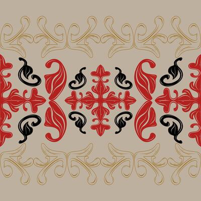 Excellent Filigree Royal Gold Pattern with Black Red Abstract Medieval Florals. Flourish Flowing Hand Drawn Pattern Border on Tan Background for Wallpaper Interior Opulence Decoration Baroque Textiles