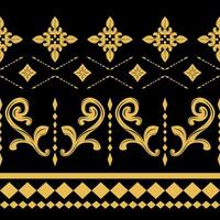 Black Theme Gold Blossom Border and Frame in Byzantine Style Geometric Combine Scroll Ornament Seamless Pattern. Ethnic Motif Luxury Design for Ceramic Tiles Mosaic Embroidery Lace Card Prints Carpet vector
