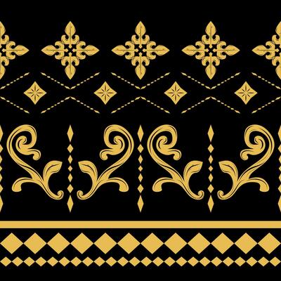 Black Theme Gold Blossom Border and Frame in Byzantine Style Geometric Combine Scroll Ornament Seamless Pattern. Ethnic Motif Luxury Design for Ceramic Tiles Mosaic Embroidery Lace Card Prints Carpet