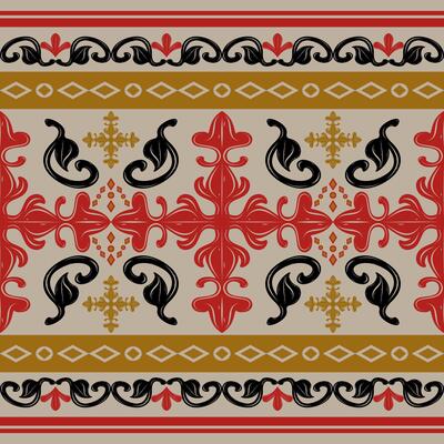 Exotic Exquisite Detailed of Baroque Esteem with Beautiful Motif Ornament Red Gold Black On Beige Tan Background. Magnificent Strong Fancy Pattern Design for Handicraft Silk Embroidery Lace Attire Rug