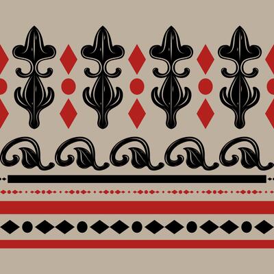Abstract Magnificently Geometric Fleur de lis Elaborate Pattern with Delicate Modern Twist Design of Red Black Stripe Element on Beige Tan Background. All Beautiful Decoration as Tiles Handicraft Lace