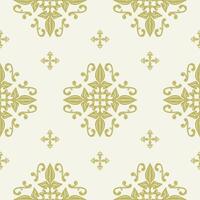 Classical Timeless Medieval Scroll Ornament Cross Abstract Florals with Gold on Beige Background. The Luxury Sense of Baroque Repeat Seamless Pattern Detailed of Damask Ikat Batik Wallpaper Carpet Rug vector