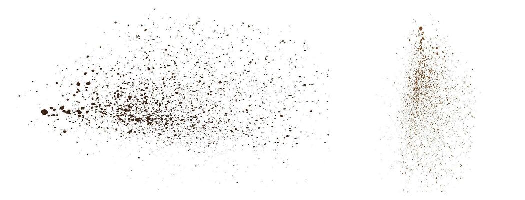 Spray flying coffee and chocolate powder particles overlay grunge texture background element