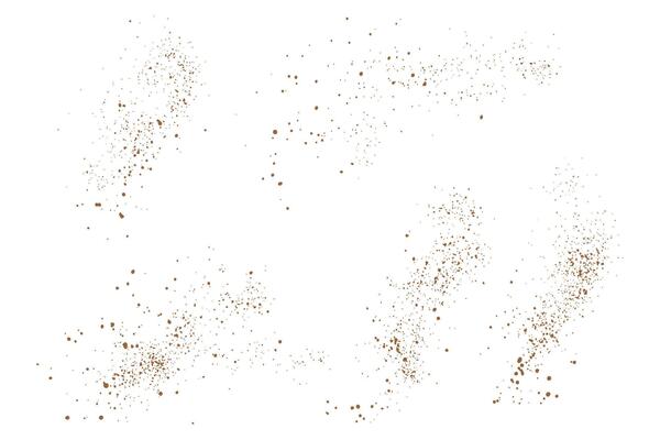 Cinnamon or cocoa coffee color flying grunge texture isolated realistic splash background set