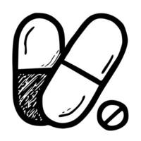 Handdrawn Monochrome Capsule Pill with Prohibited Sign Shape Icon Element vector