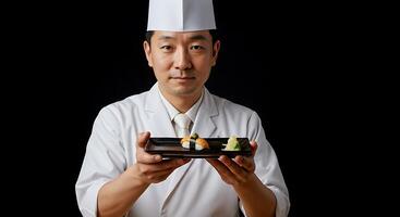 A chef holding a plate with sushi on it photo