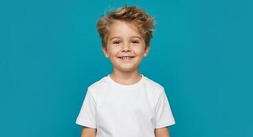 A little boy in a white t - shirt standing on a blue background photo