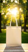 A white bag sitting on a wooden table in front of trees photo