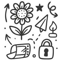 Simple Outline Handdrawn Assorted Element Decoration Icon Collection Set vector
