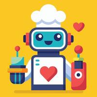 a robot holding a heart shaped cake and a cupcake vector