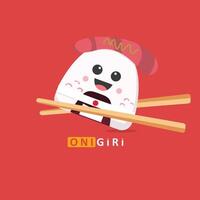 Cute illustration of a smiling onigiri character with sushi topping, chopsticks, and playful typography spelling ONIGIRI on a red background. A fun and friendly design perfect for Japanese food lovers vector