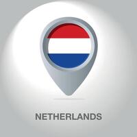 Illustration of the Dutch flag inside the pin icon on the map. A symbolic location marker with the national colors of the Netherlands on a white background. vector