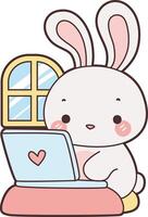 Baby bunny working on the notepad. Illustration of cute bunny icon. Funny rabbit in daily activities elements. vector