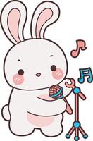 Baby bunny sing a song with microphone. Illustration of cute bunny icon. Funny rabbit in daily activities elements. vector