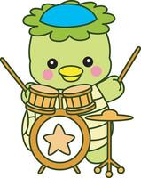 Kappa playing a drum in the band. Kawaii japanese mythology Kappa sticker cute. Cute kappa mascot ghost japanese. vector