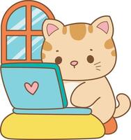 Kitten working in the notepad. Kawaii animal kitty for scrapbook and sticker. A funny cat illustrations. vector