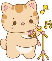 Kitten sing a song with microphone. Kawaii animal kitty for scrapbook and sticker. A funny cat illustrations. vector