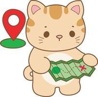 Kitten see the map to finding a location. Kawaii animal kitty for scrapbook and sticker. A funny cat illustrations. vector