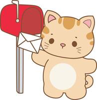 Kitten send the message by mail box. Kawaii animal kitty for scrapbook and sticker. A funny cat illustrations. vector