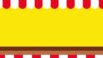 An empty carnival game booth with a bright yellow backdrop and red-white striped awning, ready for targets to be placed video