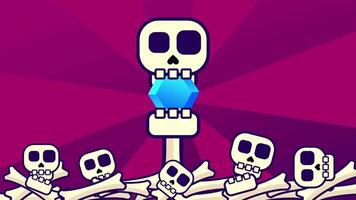A skull stands triumphantly atop a vertical tower made of other skulls, symbolizing dominance, hierarchy, and quirky animated humor video