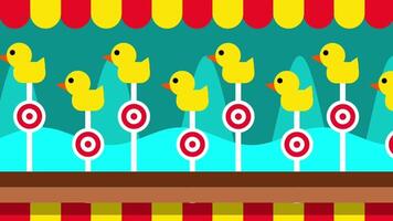 A shooting gallery featuring many yellow ducks moving past red and yellow striped barriers, creating a lively challenge video