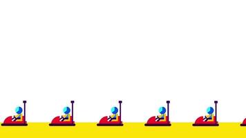 A line of bumper cars awaits activation, capturing the anticipation of fun and playful collisions in a vibrant arcade-style setting video