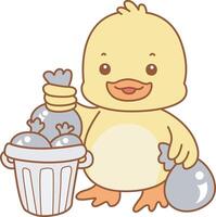 Baby duck throw the garbage into its place. vector