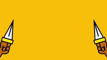 Two animated hands grip knives on both sides of the frame, hinting at an impending ambush or attack in a suspenseful yellow scene video