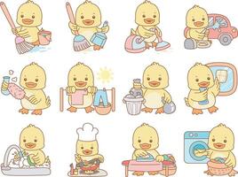 Baby duck in the variation of chores and cleaning service. Cute Duck icon. Funny baby Duck animal series stock illustration. life of fluffy Duck designs. vector