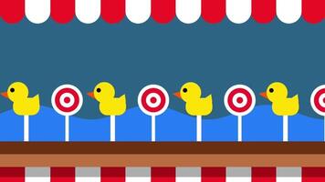 A row of five yellow ducks stands in front of a blue backdrop and targets in a classic carnival shooting game setup video