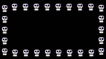 Multiple identical skull figures are arranged in a symmetrical grid across the frame, representing replication and perfect formation video