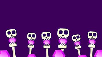 A lineup of five identical skulls creates a totem-like arrangement, emphasizing symmetry, unity, and repetition in a cartoon frame video