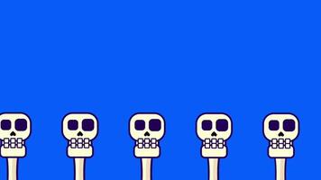 Four skull figures appear walking in line across a blue screen, representing unity, movement, and a playful march sequence video