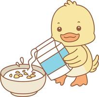Baby duck want to earting cereal. Cute Duck icon. Funny baby Duck animal series stock illustration. life of fluffy Duck designs. vector
