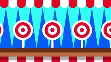 A row of vibrant red and white targets set up against a carnival-themed backdrop with bright blue tones and a festive vibe video