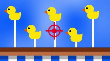 Three yellow ducks move across the booth while a red crosshair aims, depicting an engaging carnival shooting game scenario video