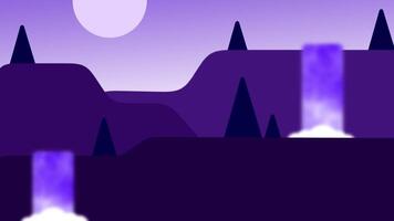 Two glowing waterfalls descend between dark trees and purple mountains under a moonlit sky, creating a mystical nighttime vista video