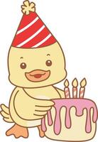 Baby duck with birthday cake. Cute Duck icon. Funny baby Duck animal series stock illustration. life of fluffy Duck designs. vector