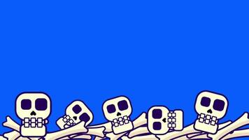 Several skull characters appear collapsed or resting, scattered loosely across a blue backdrop as if defeated or awaiting activation video