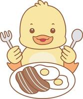 Baby duck with bacon and eggs. Cute Duck icon. Funny baby Duck animal series stock illustration. life of fluffy Duck designs. vector