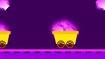 A bright yellow mining cart filled with purple crystals rides through the scene, symbolizing resource collection and vibrant contrast video