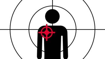 A silhouette of a human figure with a red target overlay against a grayscale background, suggesting a high-stakes shooting range video