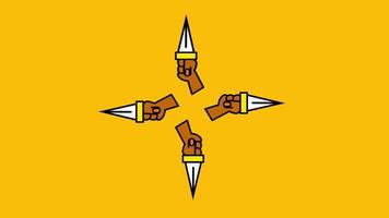 Four sharp arrows point inward toward a central skull target, forming a dangerous animated attack formation on a bold yellow screen video