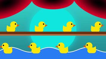 A row of yellow ducks floating on blue water beneath a carnival tent, simulating a traditional duck pond game environment video