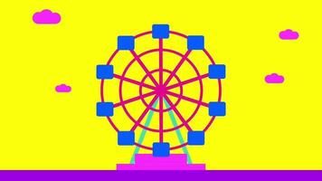 A cheerful amusement park Ferris wheel rotates smoothly, giving a peaceful and elevated view in a bright animated theme park setup video