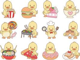 Bbay duck in the variation of fast food and snack. Cute Duck icon. Funny baby Duck animal series stock illustration. life of fluffy Duck designs. vector
